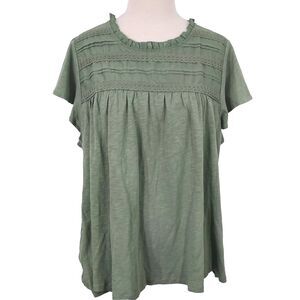 Ella Moss Shirt Top Size XXL Flowy Stretch Lace Trim Cap Sleeve Green Keyhole